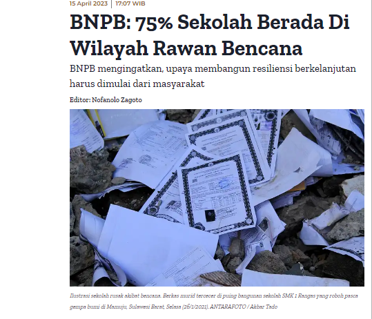 BNPB: 75% Sekolah Berada Di Wilayah Rawan Bencana